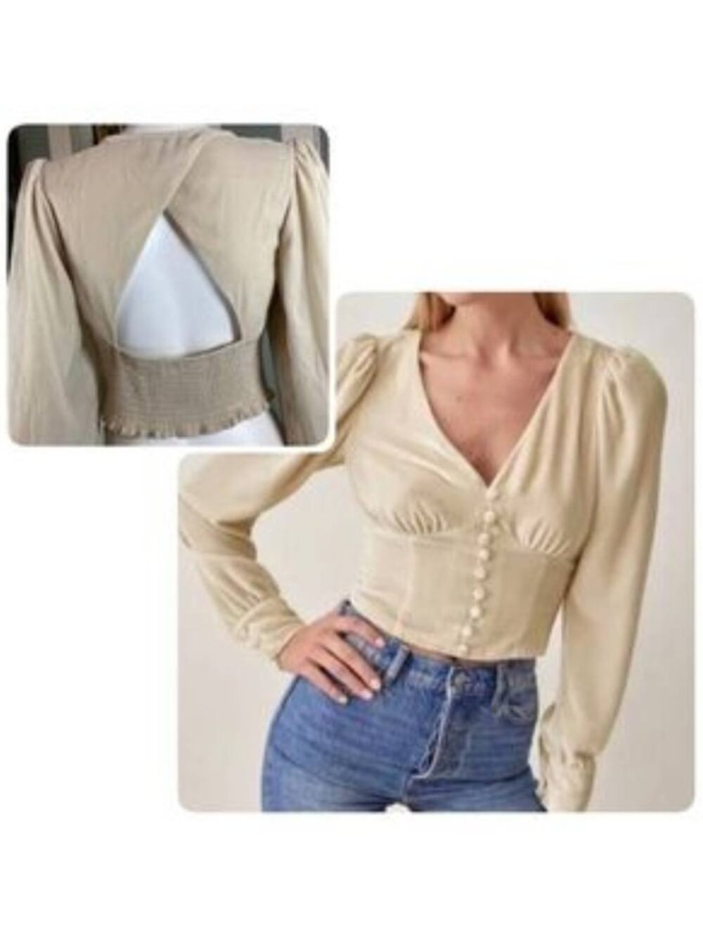 House of Harlow 1960 Beige Velvet Open back Bustier Long Sleeve Top Size M